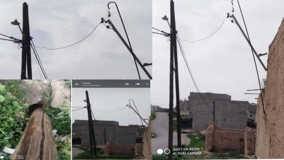سكان دوار أولاد عبد الله بمدينة بني ملال يشتكون من عمود كهربائي مائل يكشل خطرا على سكان المنطقة وكدا المارة.